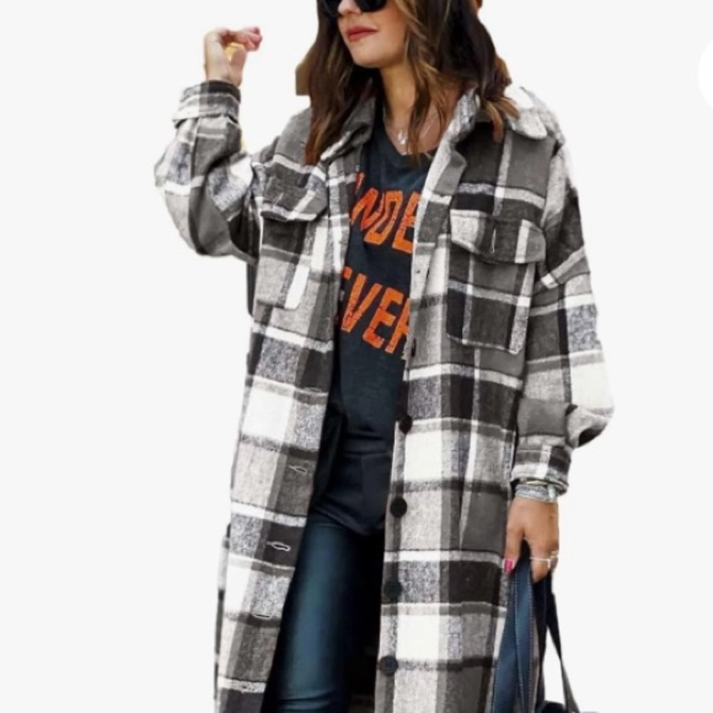 Ainangua Women's Casual Wool Blend Long Plaid Shirt Jacket Button Down Pocketed